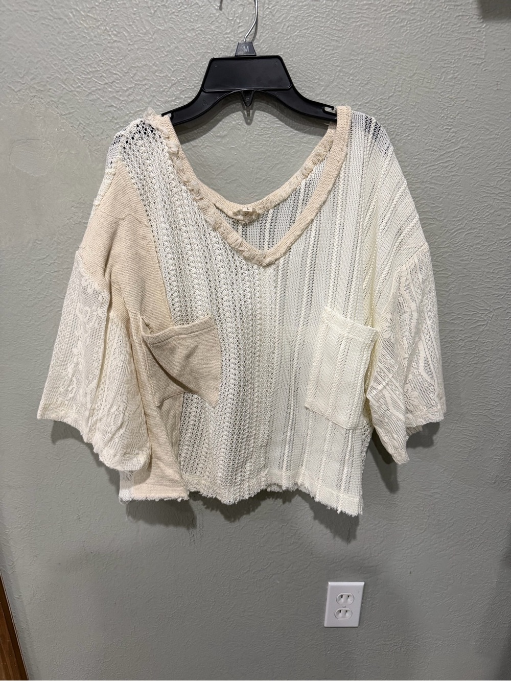 POL Two-Tone Cream Patchwork Knit Top